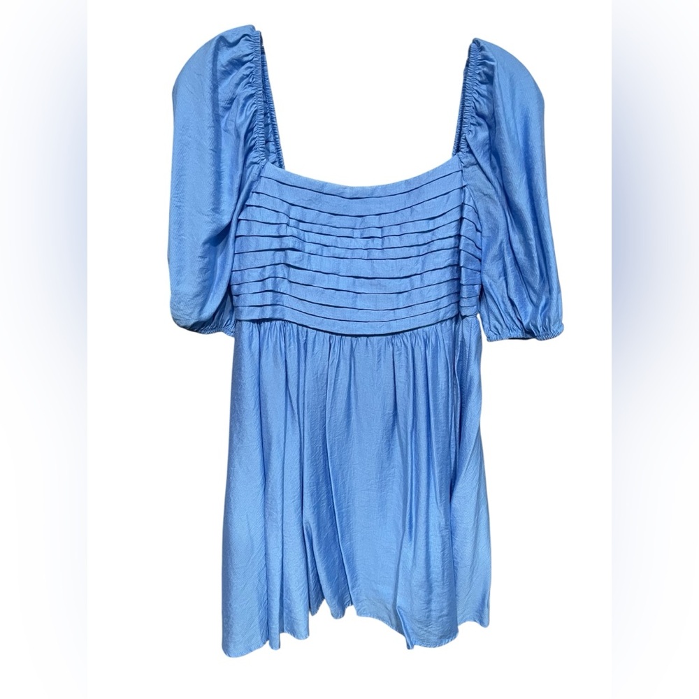Blu Pepper Pleated Puff Sleeve Blue Mini Dress w/Square Neck - Large